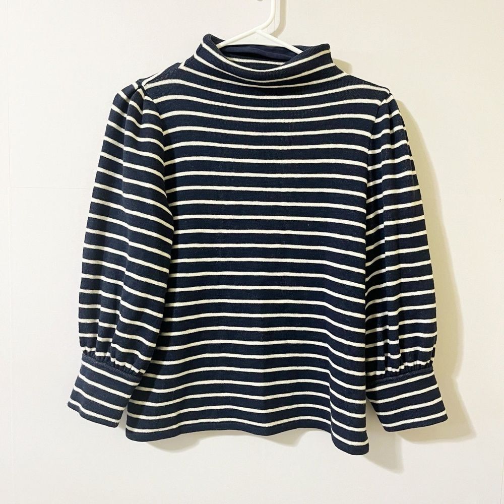 Madewell Size S Blue Gathered-Sleeve Mockneck Top Striped Long Sleeve AG265
